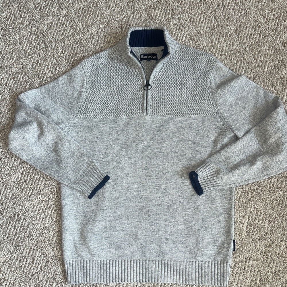 Barbour Men's Quarter 1/4 Zip Pullover Sweater Knit Cotton Wool Gray Large EUC